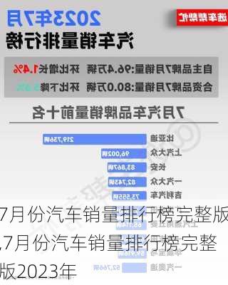 7月份汽车销量排行榜完整版,7月份汽车销量排行榜完整版2023年