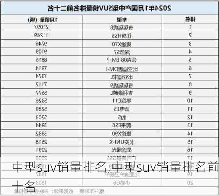 中型suv销量排名,中型suv销量排名前十名